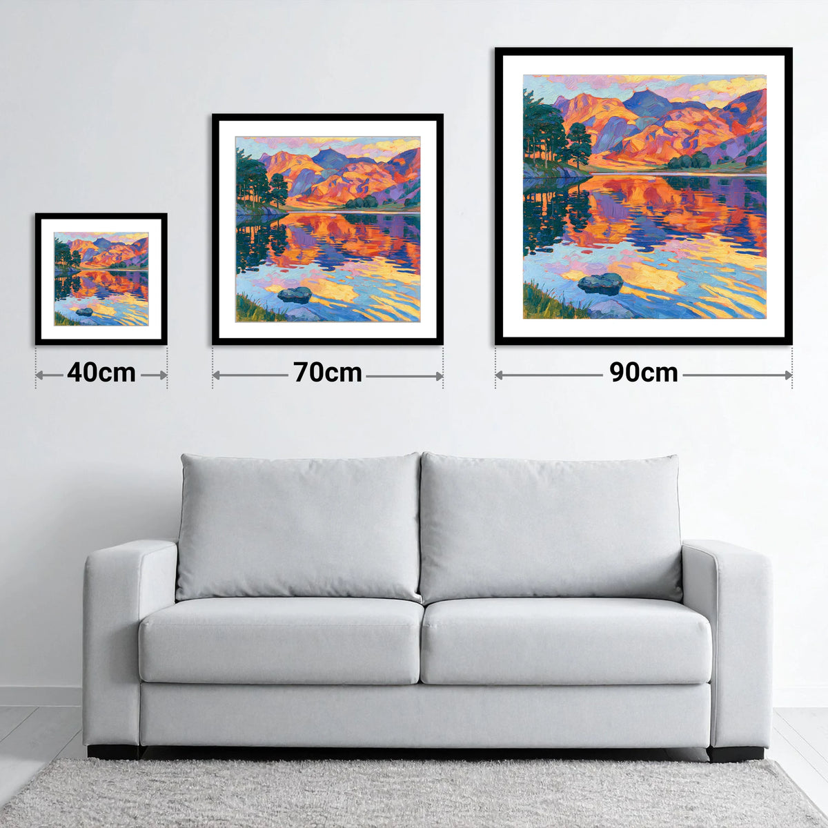 Vibrant Sunset Glow over Mountain Fells - size guide showing 40cm, 70cm and 90cm art prints