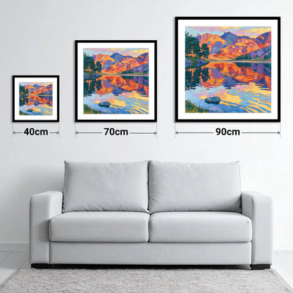 Vibrant Sunset Glow over Mountain Fells - size guide showing 40cm, 70cm and 90cm art prints