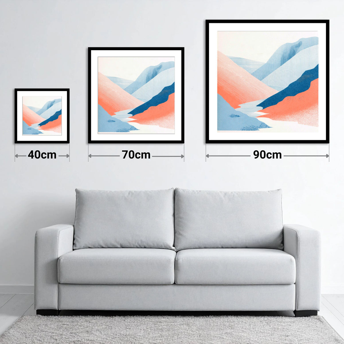 Kirkstone Pass in Blue and Coral - size guide showing 40cm, 70cm and 90cm art prints