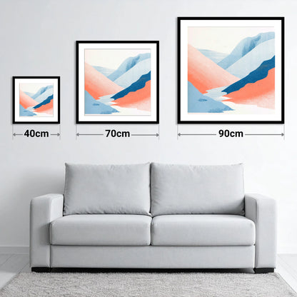 Kirkstone Pass in Blue and Coral - size guide showing 40cm, 70cm and 90cm art prints