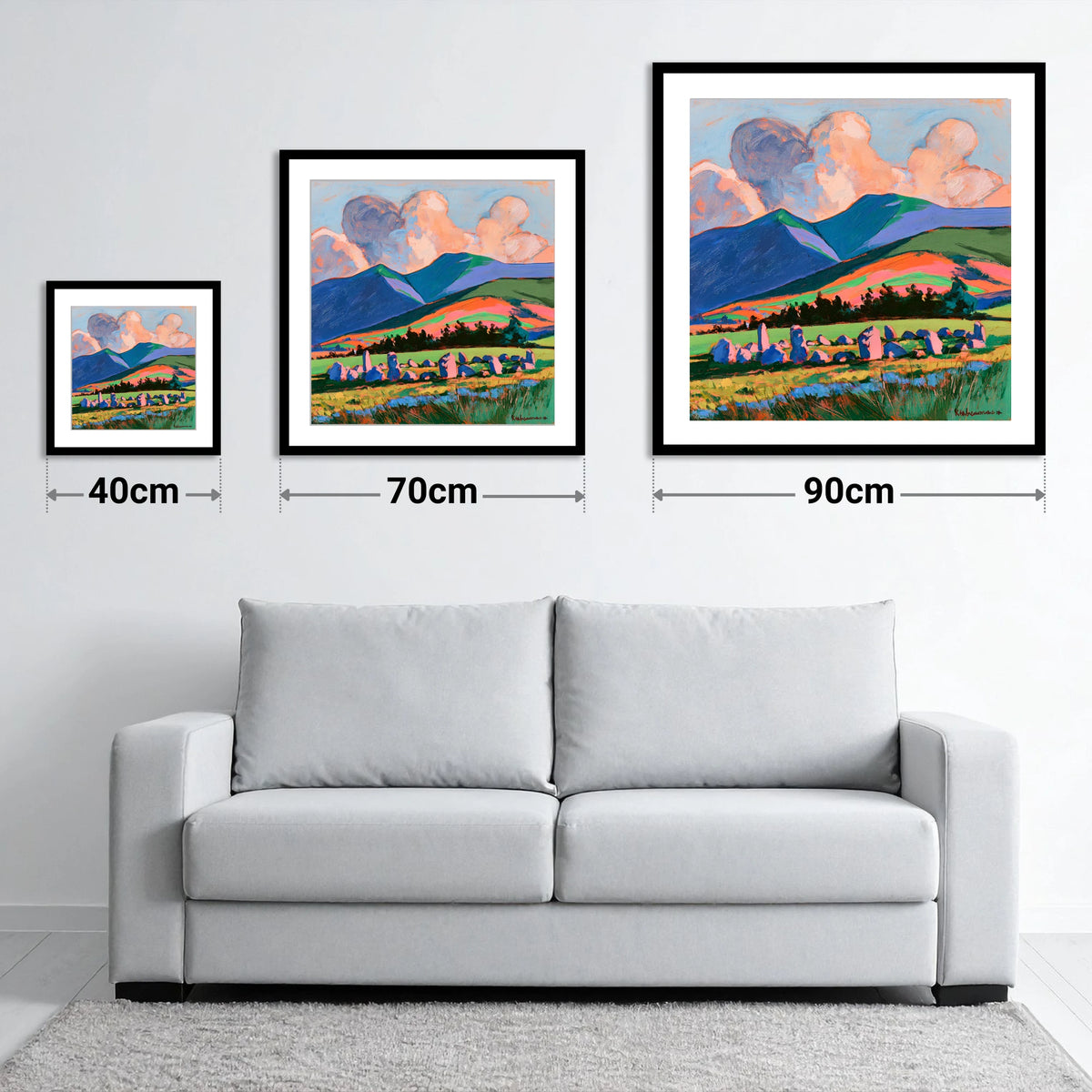Vivid Standing Stones Below Blencathra - size guide showing 40cm, 70cm and 90cm art prints