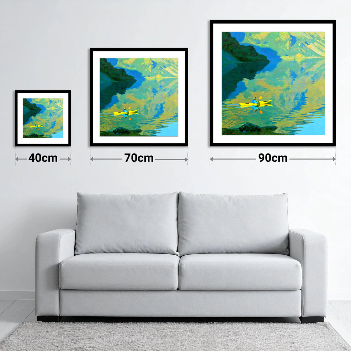 Yellow Kayak on Reflecting Fells - size guide showing 40cm, 70cm and 90cm art prints