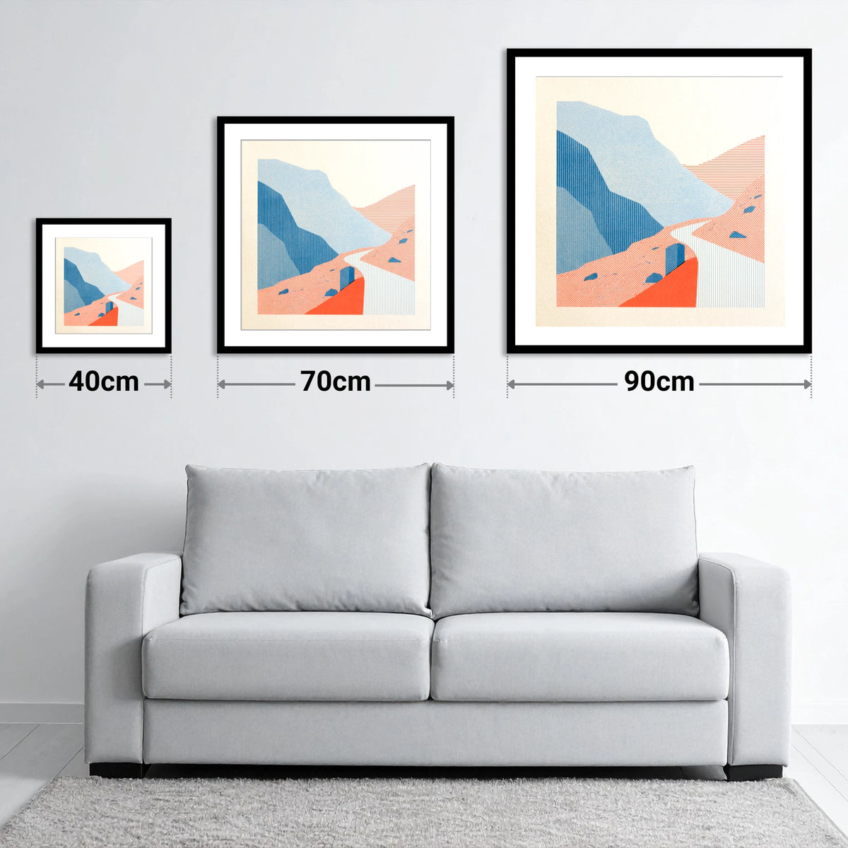 Hardknott Pass in Coral and Blue - size guide showing 40cm, 70cm and 90cm art prints