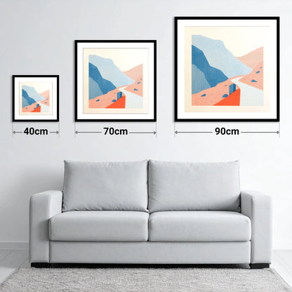 Hardknott Pass in Coral and Blue - size guide showing 40cm, 70cm and 90cm art prints