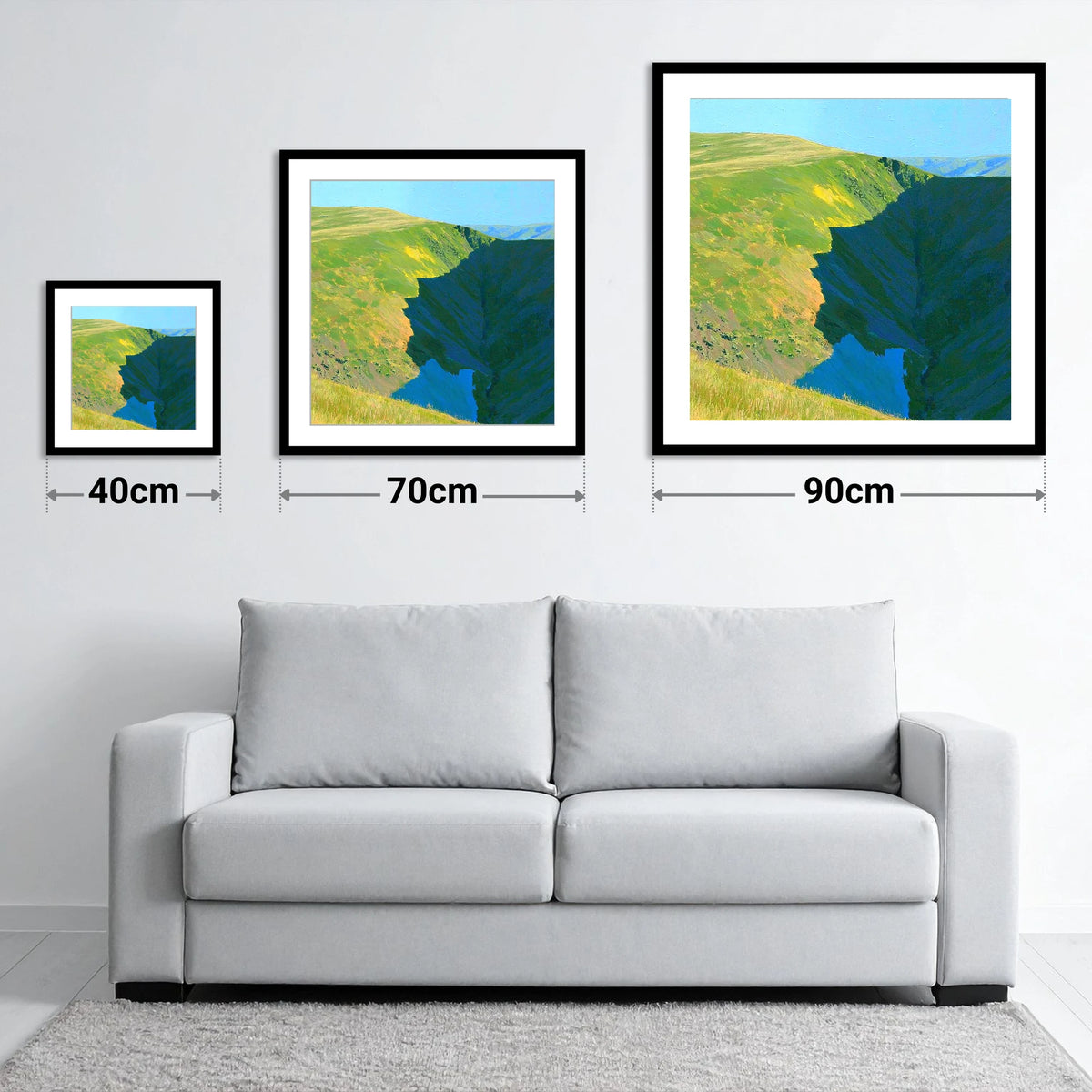 Souther Fell Deep Valley Cleft - size guide showing 40cm, 70cm and 90cm art prints