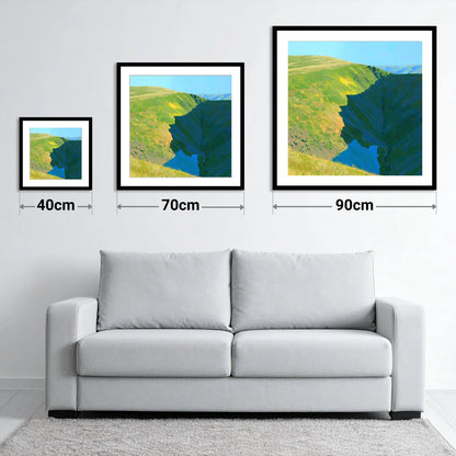 Souther Fell Deep Valley Cleft - size guide showing 40cm, 70cm and 90cm art prints