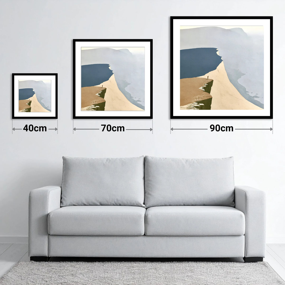 Lone Hiker on High Fell Ridge - size guide showing 40cm, 70cm and 90cm art prints