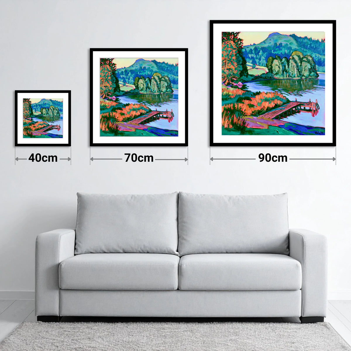 Vibrant Wooden Pier at Grasmere - size guide showing 40cm, 70cm and 90cm art prints