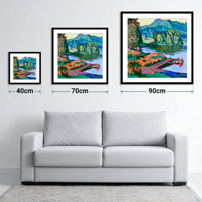 Vibrant Wooden Pier at Grasmere - size guide showing 40cm, 70cm and 90cm art prints