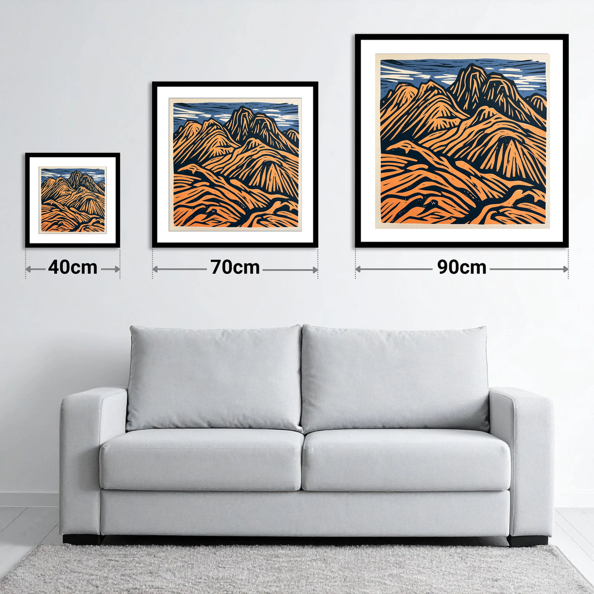 Bowfell in Terracotta and Navy - size guide showing 40cm, 70cm and 90cm art prints