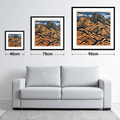 Bowfell in Terracotta and Navy - size guide showing 40cm, 70cm and 90cm art prints