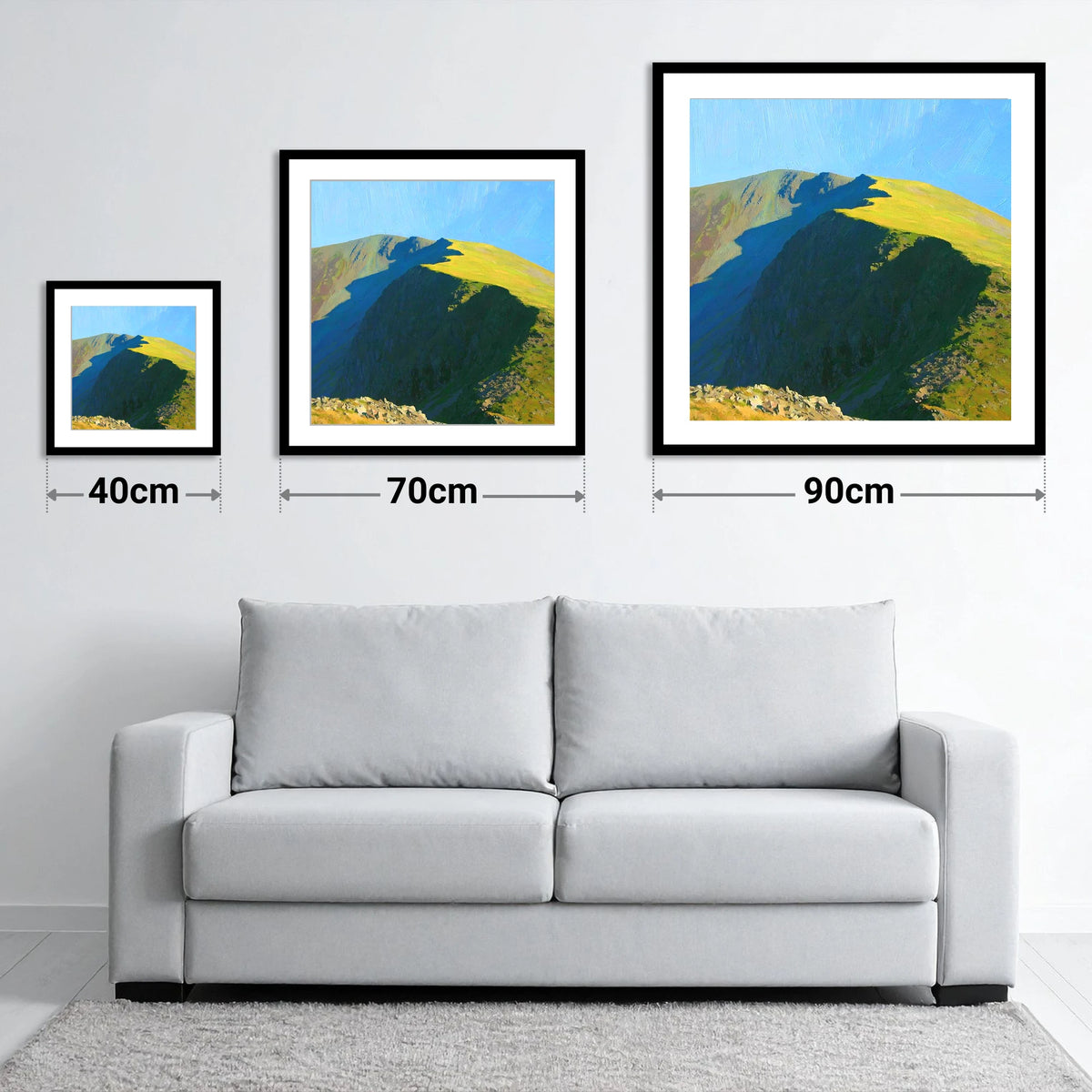 Sunlit Ridge on High Stile - size guide showing 40cm, 70cm and 90cm art prints
