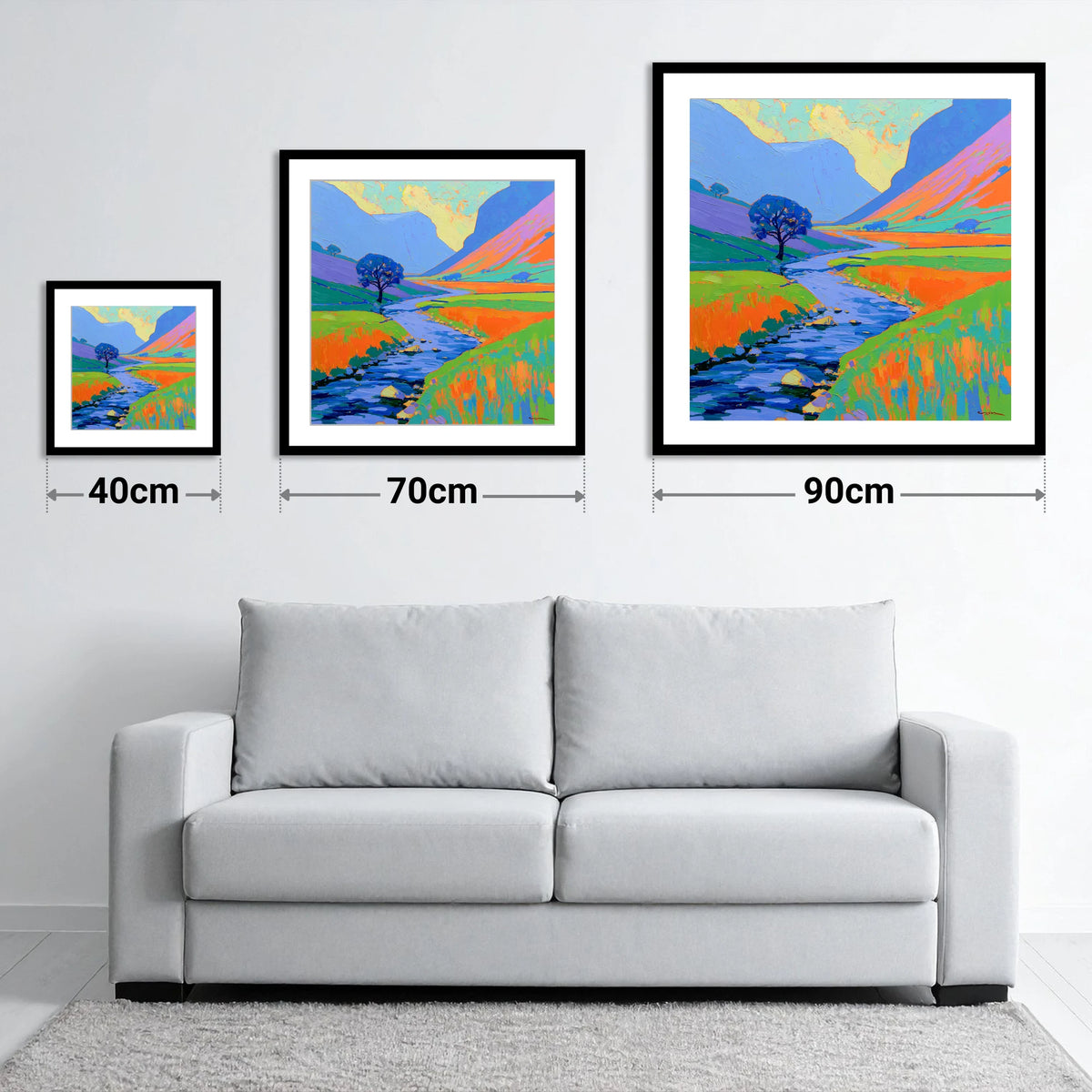 Vivid River In The Valley - size guide showing 40cm, 70cm and 90cm art prints