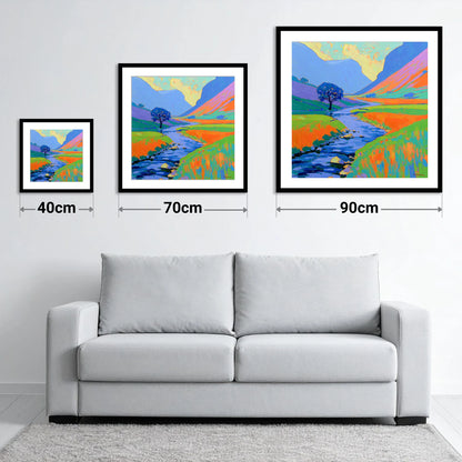 Vivid River In The Valley - size guide showing 40cm, 70cm and 90cm art prints