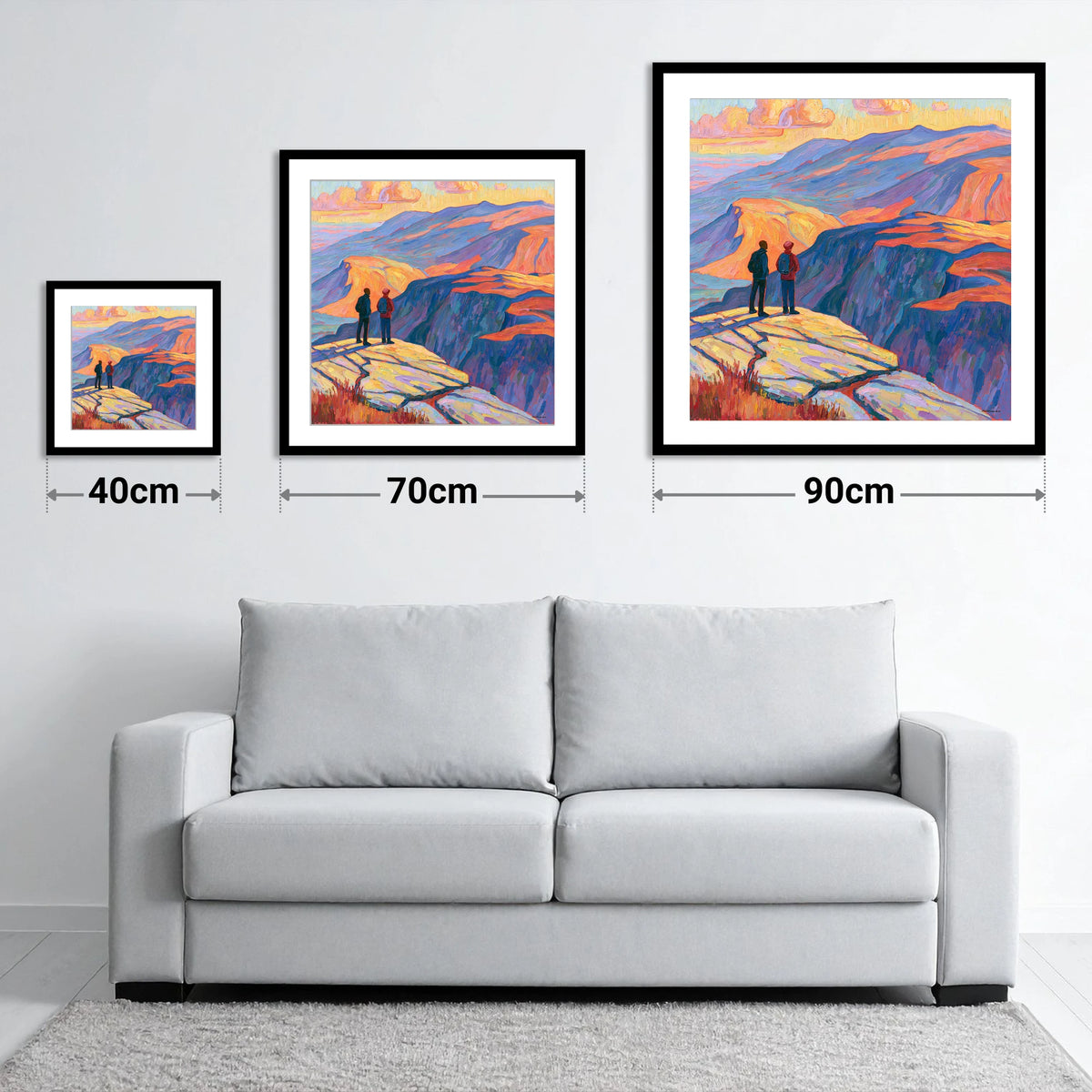 Hikers at Sunset on the Fells - size guide showing 40cm, 70cm and 90cm art prints