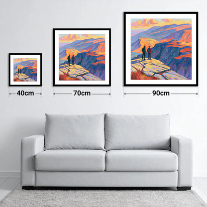 Hikers at Sunset on the Fells - size guide showing 40cm, 70cm and 90cm art prints