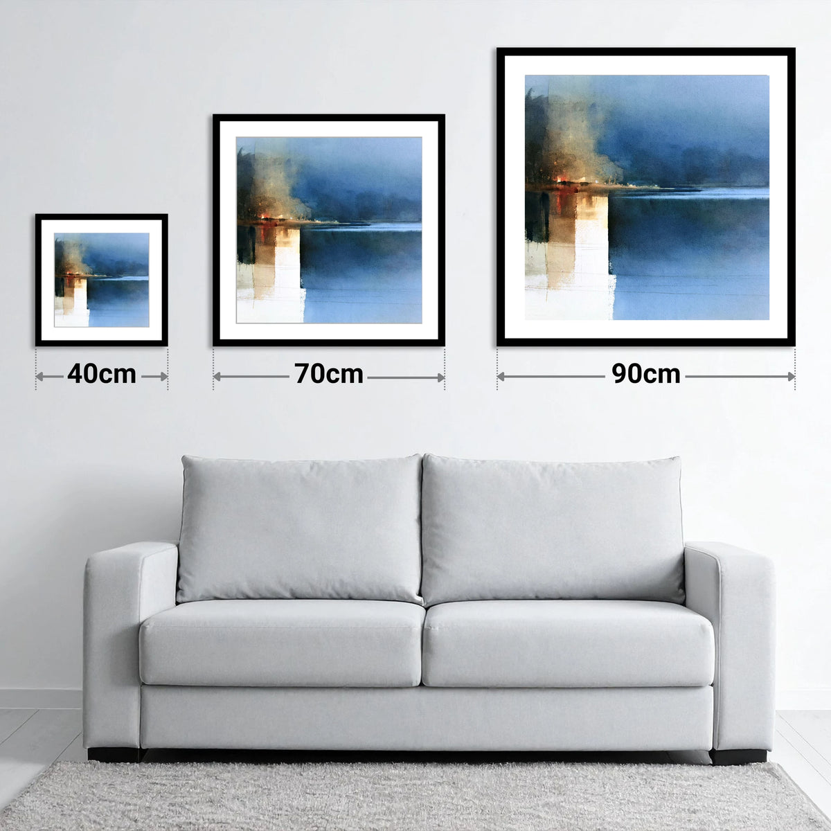 Indigo Lake Reflections at Dusk - size guide showing 40cm, 70cm and 90cm art prints