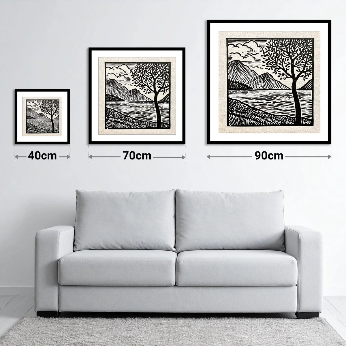 Graphic Crummock Water Fells - size guide showing 40cm, 70cm and 90cm art prints
