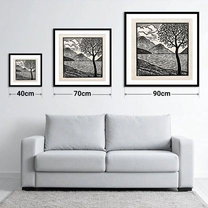 Graphic Crummock Water Fells - size guide showing 40cm, 70cm and 90cm art prints