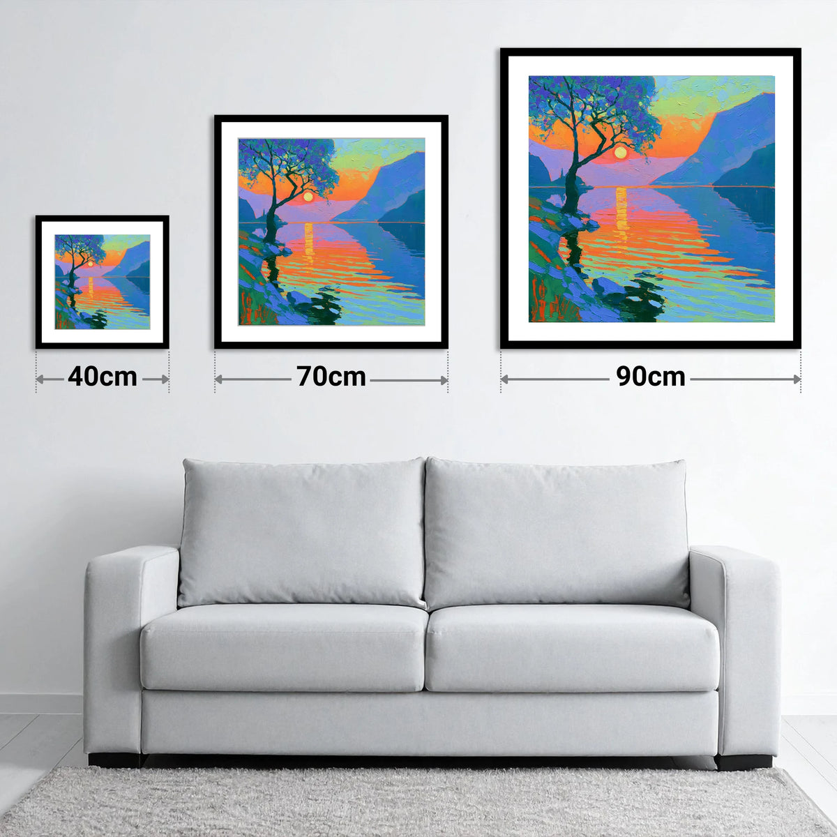 Radiant Sunset Over Lake Water - size guide showing 40cm, 70cm and 90cm art prints