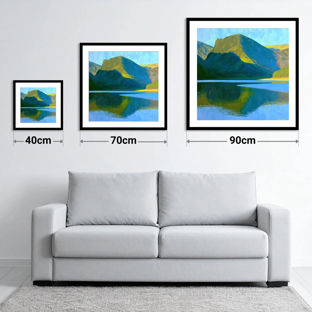Fleetwith Pike in Vivid Sunlight - size guide showing 40cm, 70cm and 90cm art prints