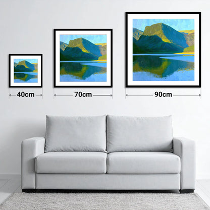 Fleetwith Pike in Vivid Sunlight - size guide showing 40cm, 70cm and 90cm art prints