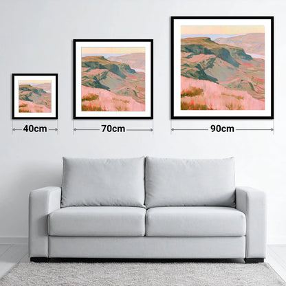 Fell Summit in Pastel Pink - size guide showing 40cm, 70cm and 90cm art prints