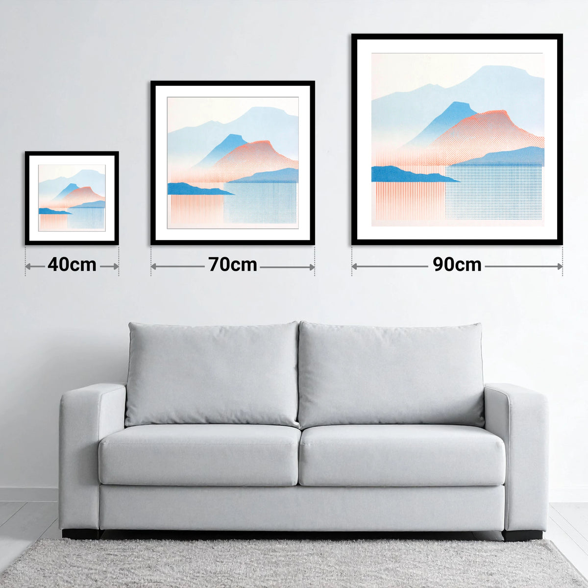 Catbells in Coral and Blue - size guide showing 40cm, 70cm and 90cm art prints