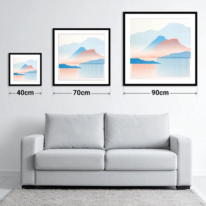 Catbells in Coral and Blue - size guide showing 40cm, 70cm and 90cm art prints