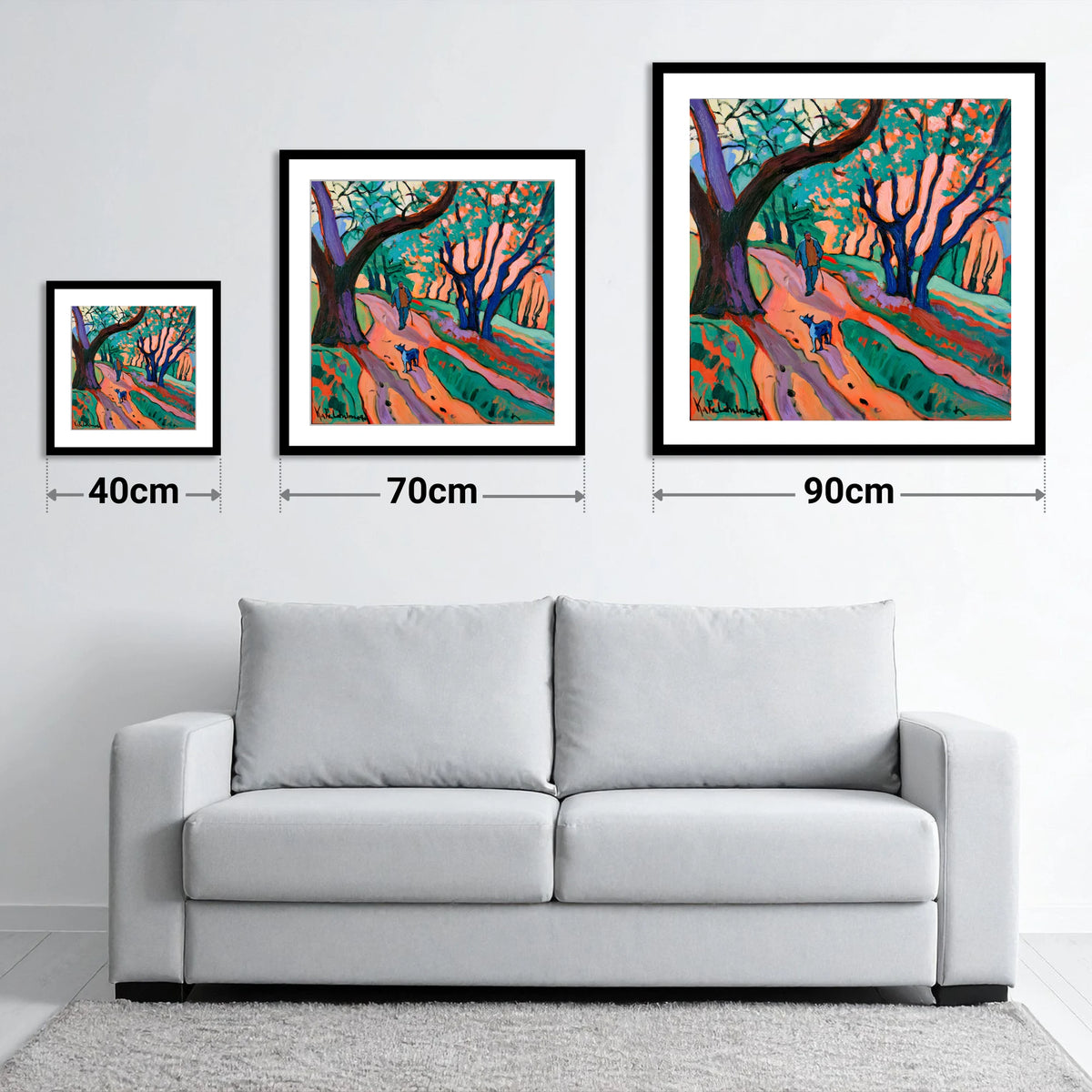 Vibrant Ambleside Woodland Dog Walk - size guide showing 40cm, 70cm and 90cm art prints
