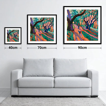 Vibrant Ambleside Woodland Dog Walk - size guide showing 40cm, 70cm and 90cm art prints