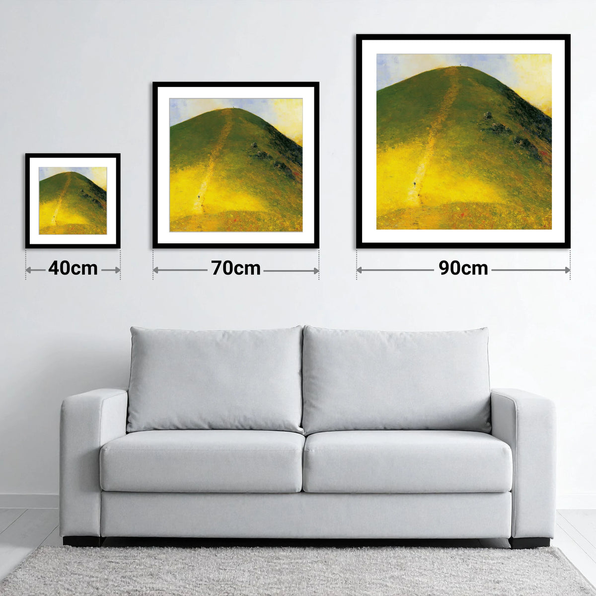 Golden Ascent of Catbells - size guide showing 40cm, 70cm and 90cm art prints
