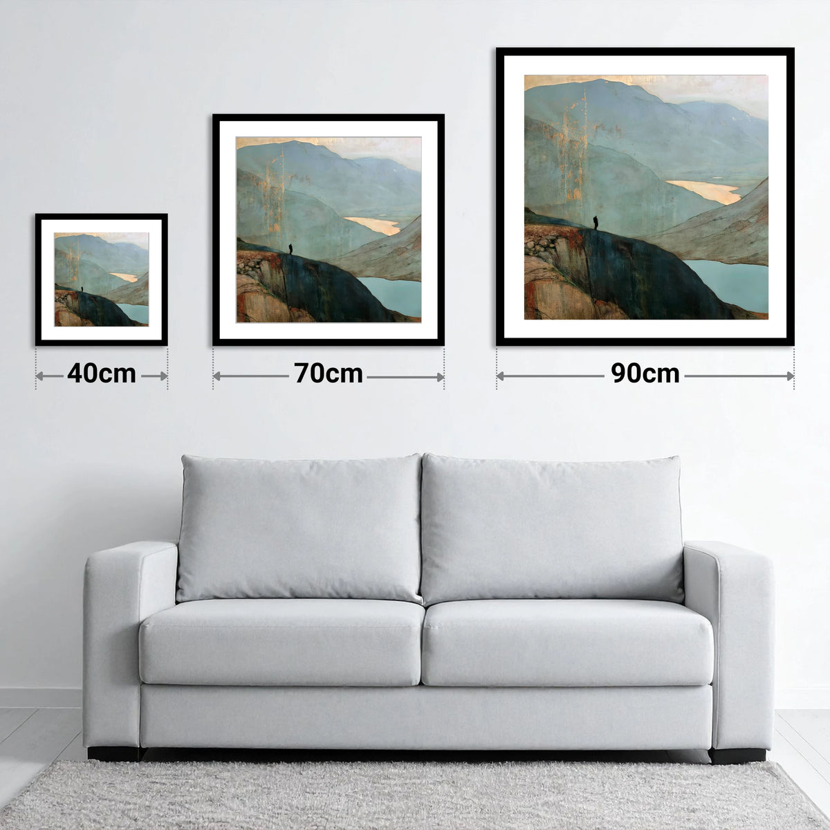 Walker Above Innominate Tarn - size guide showing 40cm, 70cm and 90cm art prints