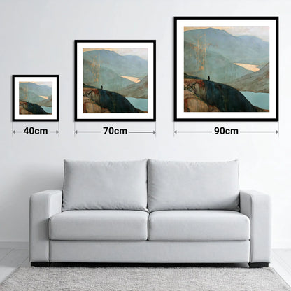 Walker Above Innominate Tarn - size guide showing 40cm, 70cm and 90cm art prints