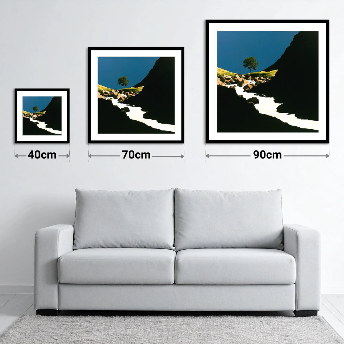 Lone Tree Above Rushing Beck - size guide showing 40cm, 70cm and 90cm art prints