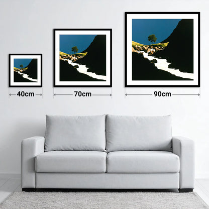 Lone Tree Above Rushing Beck - size guide showing 40cm, 70cm and 90cm art prints