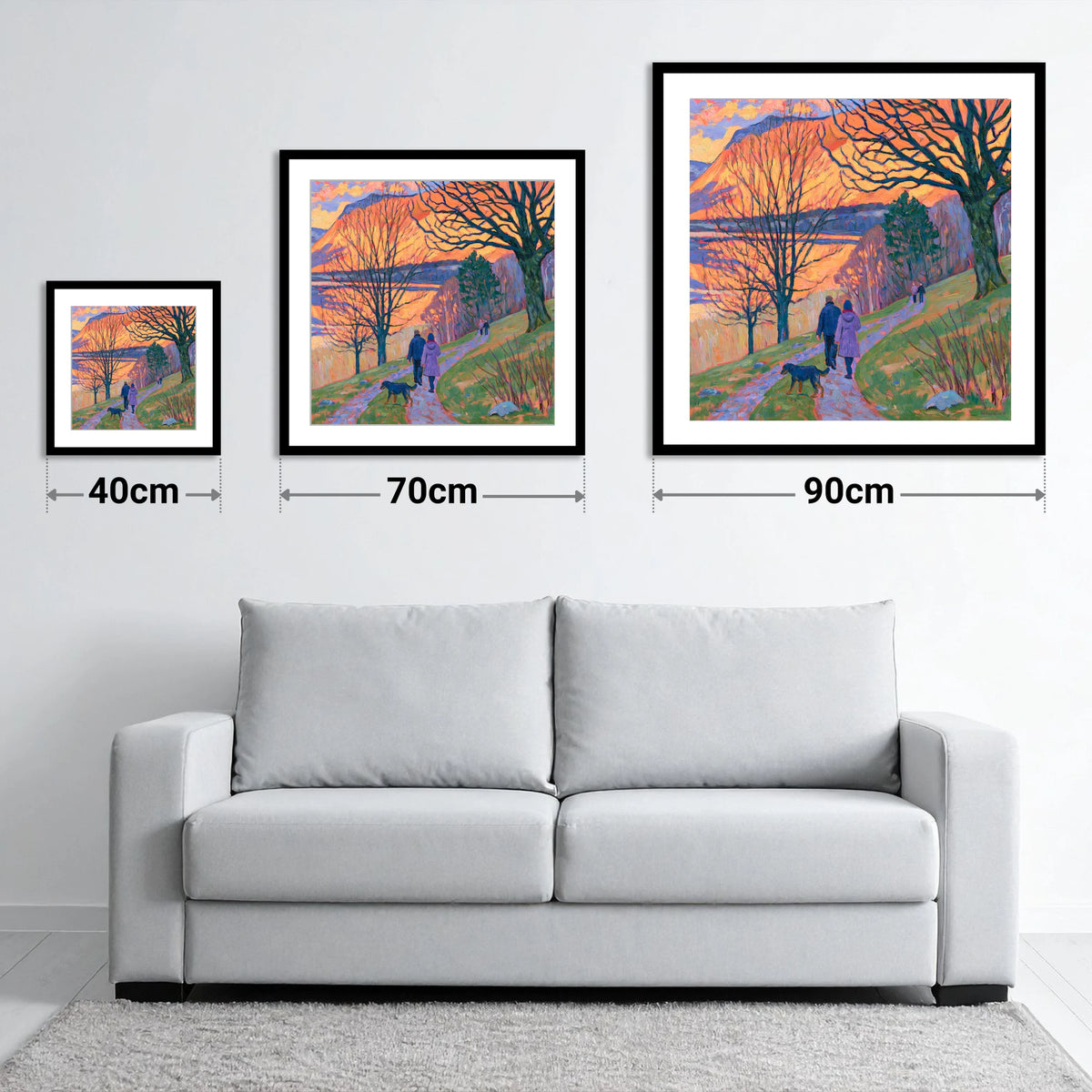 Vibrant Sunset Dog Walk Keswick - size guide showing 40cm, 70cm and 90cm art prints