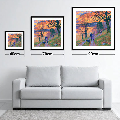 Vibrant Sunset Dog Walk Keswick - size guide showing 40cm, 70cm and 90cm art prints