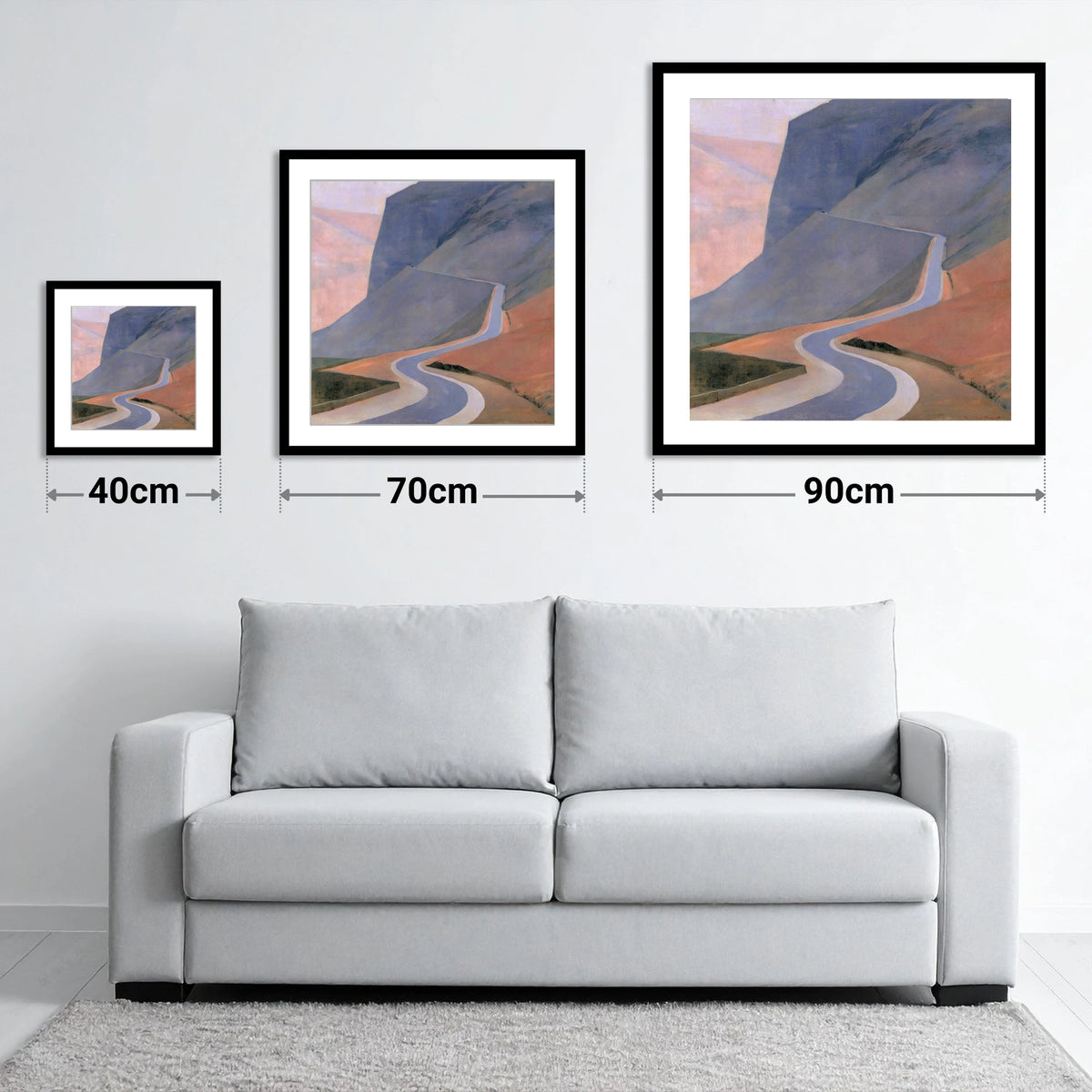 Sweeping Fell Road at Dusk - size guide showing 40cm, 70cm and 90cm art prints