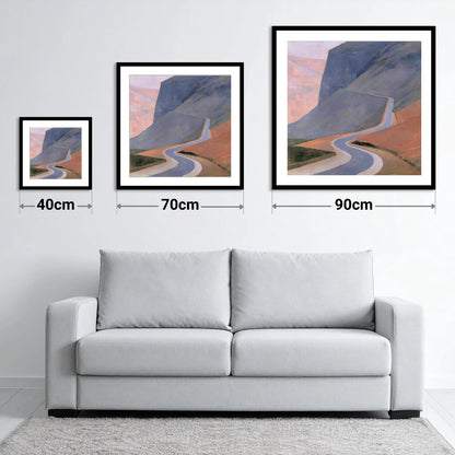 Sweeping Fell Road at Dusk - size guide showing 40cm, 70cm and 90cm art prints