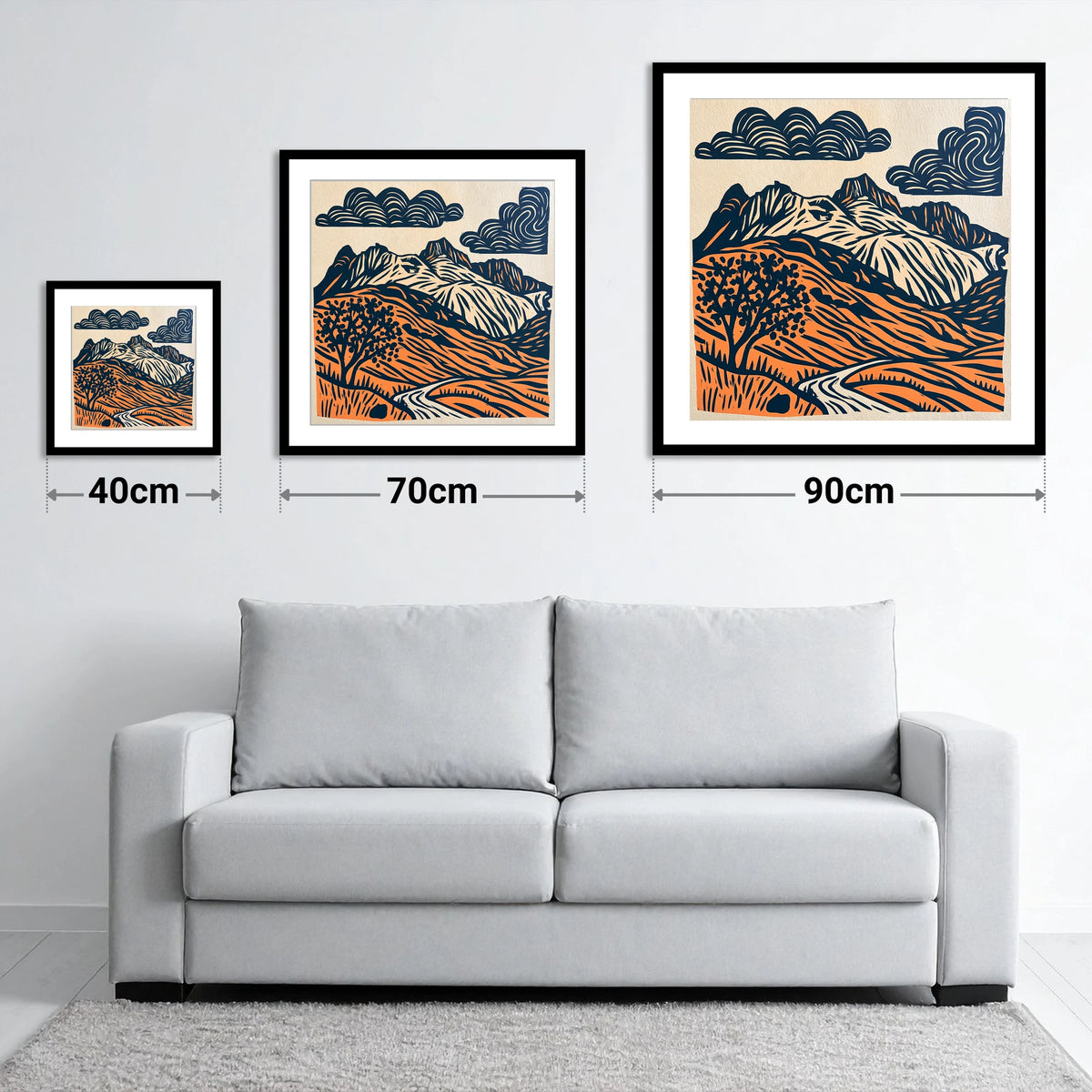 Langdale Pikes in Navy and Orange - size guide showing 40cm, 70cm and 90cm art prints