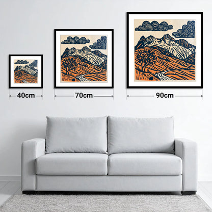 Langdale Pikes in Navy and Orange - size guide showing 40cm, 70cm and 90cm art prints