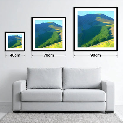 Vibrant Shadows Over Lord's Seat - size guide showing 40cm, 70cm and 90cm art prints
