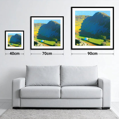 Harter Fell Over Valley Farm - size guide showing 40cm, 70cm and 90cm art prints