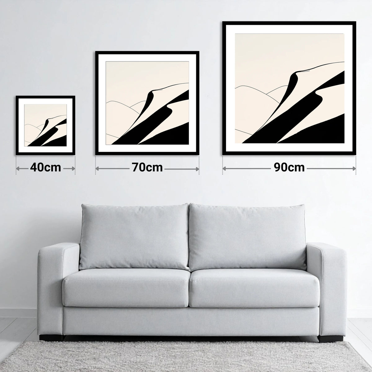 Abstract Evening Shadows on Fells - size guide showing 40cm, 70cm and 90cm art prints