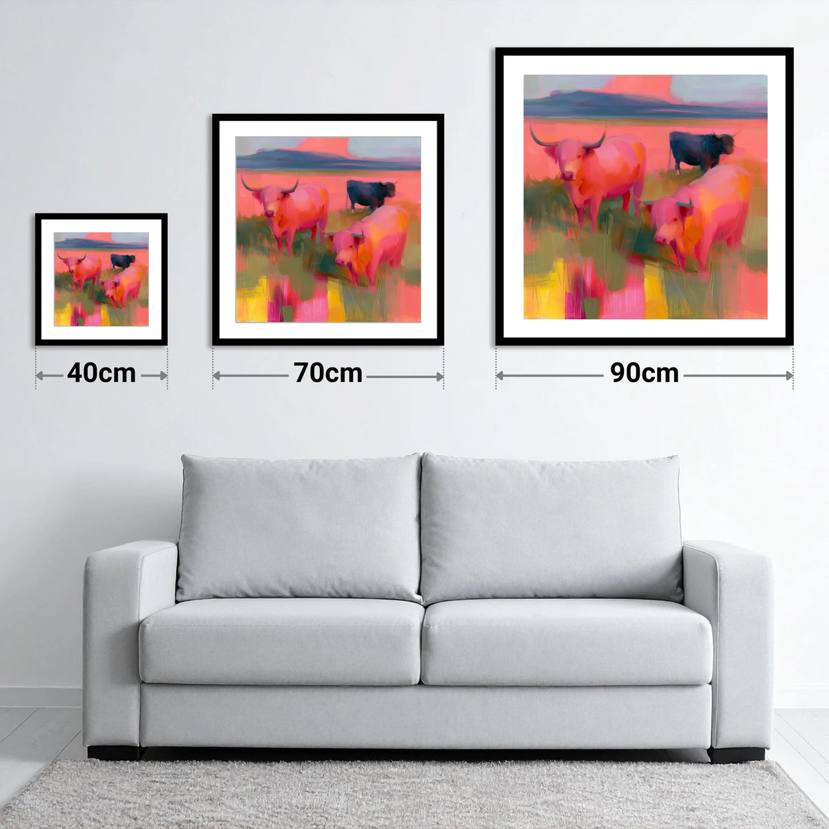 Pink Highland Cattle Grazing - size guide showing 40cm, 70cm and 90cm art prints