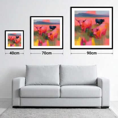 Pink Highland Cattle Grazing - size guide showing 40cm, 70cm and 90cm art prints