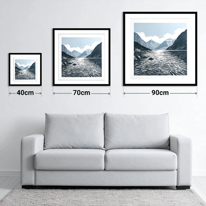 Graphic Navy Wastwater Screes - size guide showing 40cm, 70cm and 90cm art prints