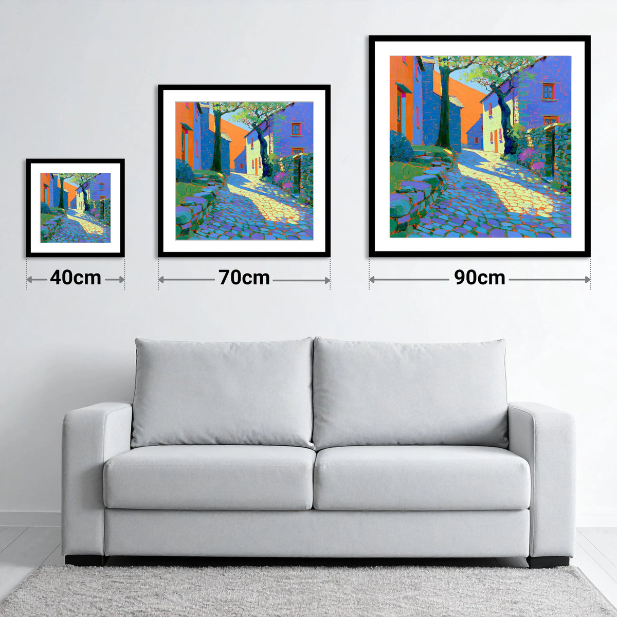 Dappled Sunlight on Village Cobbles - size guide showing 40cm, 70cm and 90cm art prints