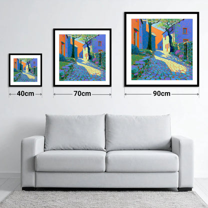 Dappled Sunlight on Village Cobbles - size guide showing 40cm, 70cm and 90cm art prints